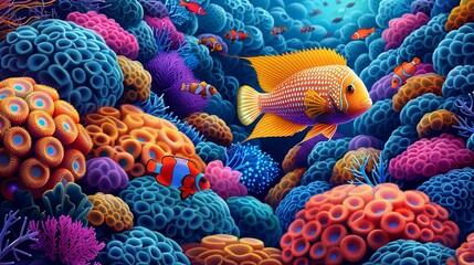 Wall Mural - Artistic rendering of tropical fish in a coral reef, showcasing their vibrant colors and intricate patterns. Illustration, Image, , Minimalism,