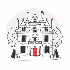 Wall Mural - Illustration of Elegant Victorian House with Red Door