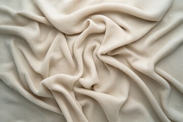 Aufkleber - Close-up view of crumpled beige fabric with intricate pattern and folds. Soft natural texture of cashmere-like material caught in mid-fold. Blurred background emphasizes fabric details.