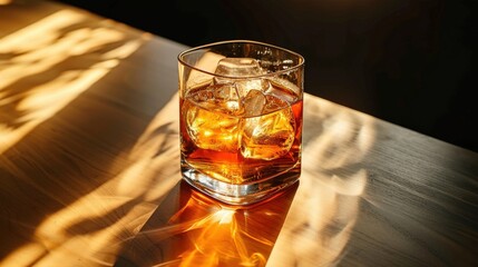 Glass of whiskey with ice on wooden table in warm sunlight