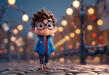 Wall Mural - A 3D rendered image of a cute, young cartoon boy in jacket, glasses and brown hair. The boy has a friendly expression and large eyes, giving a cute and approachable appearance.