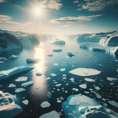  Tranquil Arctic scene icebergs floating blue ocean. Broken sea ice under bright blue sky sunlight. Glacier melting in polar summer, aerial. Ecology, melting ice, climate change, global warming concep