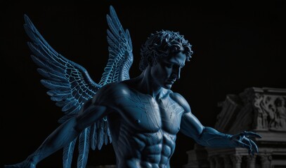 Wall Mural - icarus as a roman sculpture reaching for the sun on a black background. he is drawn in blue lines