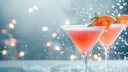   A close-up of two glassess filled with liquid and adorned with an orange slice and mint