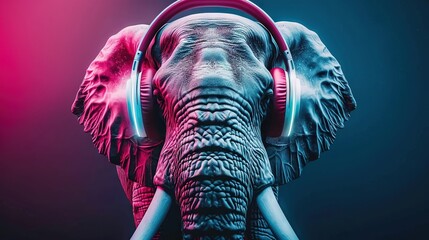 Wall Mural -   A tight shot of an elephant's face, featuring headphones dangling from its ear holes and curved tusks