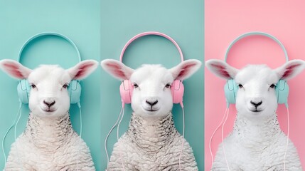 Wall Mural -   A pair of sheep wearing headphones against a blue-pink background, depicted by a sheep-shaped pair of headphones