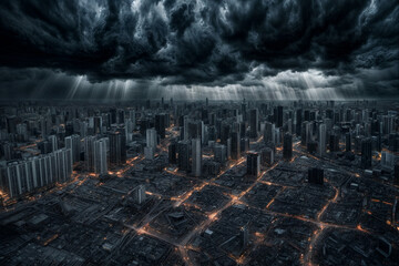 Wall Mural - Doomsday poster, aerial view of destroyed city, apocalypse ruined, urban darkness landscape. Abandoned damage town in fog, skyline scenery. Global apocalyptic war conflict concept. Copy ad text space