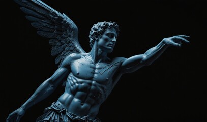 Wall Mural - icarus as a roman sculpture reaching for the sun on a black background. he is drawn in blue lines