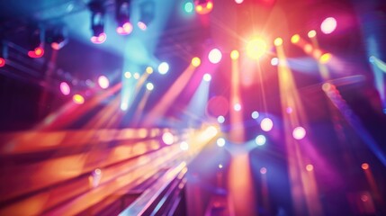 Sticker - Blurred image of disco bar light show with stage lighting beam spotlight on steel bar