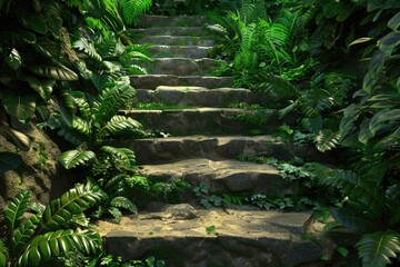 Sticker - A natural setting with stone steps surrounded by lush green plants, perfect for outdoor or nature-themed designs