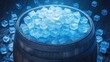 © BoOm - A wooden barrel filled with glistening ice cubes, surrounded by scattered ice on a dark surface. Perfect for cooling any drink.