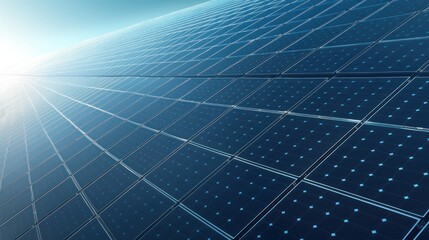 Closeup of a large solar panel array capturing sunlight, generating clean renewable energy on a bright day.