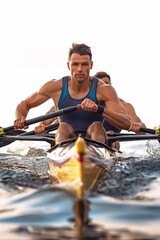 Wall Mural - Athletic young men rowing a canoe with determination and strength, competing in a challenging boating race outdoors.