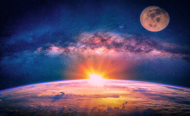 Wall Mural - landscape with milky way galaxy. the full moon ,sunrise and earth view from space with milky way gal