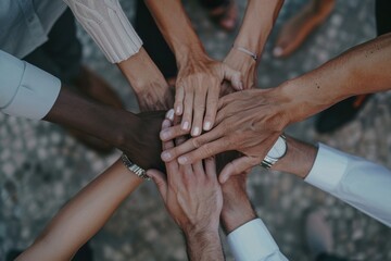 An overhead shot of diverse business people's hands coming together in unity, symbolizing collaboration and team spirit Generative AI