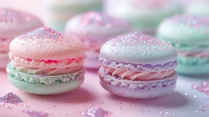 Wall Mural - A close-up of unicorn magic macarons, with sparkling pastel colors of baby pink, lavender, mint green, and sky blue, adorned with edible glitter, arranged in a heart shape.