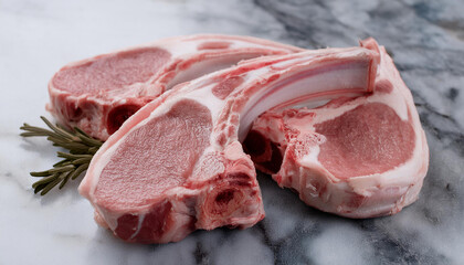 Wall Mural - Juicy raw lamb chops on marble countertop, ready for seasoning. Fresh meat for BBQ. Close-up.