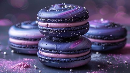 A galaxy macaron pyramid, with each macaron layer representing a different swirl of navy, purple, and black, adorned with silver specks. The background is a soft cosmic gradient,