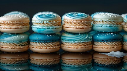 Wall Mural - A stack of ocean waves macarons on a reflective black surface, with vivid shades of aqua blue, teal, and sandy beige. Dramatic,