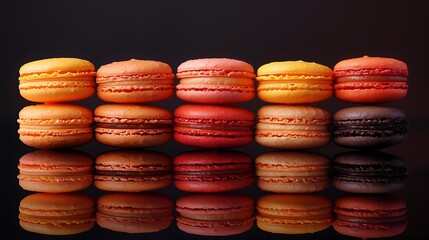 Wall Mural - A stack of ombre effect macarons on a reflective black surface, with vivid gradients from light orange to deep tangerine. Dramatic,