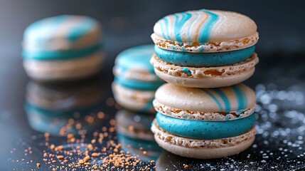 Wall Mural - A stack of ocean waves macarons on a reflective black surface, with vivid shades of aqua blue, teal, and sandy beige. Dramatic,