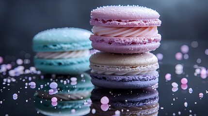 Wall Mural - A stack of pastel dream macarons on a reflective black surface, with vivid soft hues of mint green, baby blue, lavender, and pale pink. Dramatic,