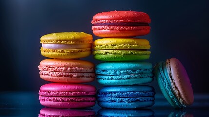 Wall Mural - A stack of rainbow macarons on a reflective black surface, with vivid layers of red, orange, yellow, green, blue, and purple. Dramatic,