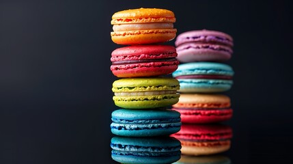 Wall Mural - A stack of rainbow macarons on a reflective black surface, with vivid layers of red, orange, yellow, green, blue, and purple. Dramatic,