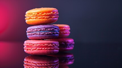 Wall Mural - A stack of sunset glow macarons on a reflective black surface, with vivid warm hues of orange, pink, and purple. Dramatic,