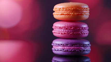 Wall Mural - A stack of sunset glow macarons on a reflective black surface, with vivid warm hues of orange, pink, and purple. Dramatic,