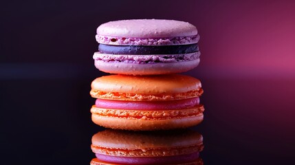 Wall Mural - A stack of sunset glow macarons on a reflective black surface, with vivid warm hues of orange, pink, and purple. Dramatic,