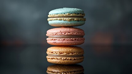 Wall Mural - A stack of vintage charm macarons on a reflective black surface, with vivid muted tones of dusty rose, antique gold, and sage. Dramatic,