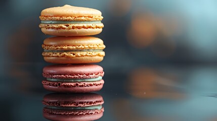 Wall Mural - A stack of vintage charm macarons on a reflective black surface, with vivid muted tones of dusty rose, antique gold, and sage. Dramatic,