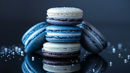 Wall Mural - A stack of winter wonderland macarons on a reflective black surface, with vivid cool colors of icy blue, silver, and snowy white. Dramatic,