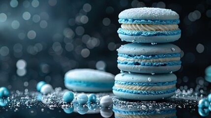 Wall Mural - A stack of winter wonderland macarons on a reflective black surface, with vivid cool colors of icy blue, silver, and snowy white. Dramatic,