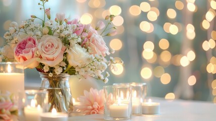 Wall Mural - A table with a vase of flowers and candles. Scene is romantic and intimate