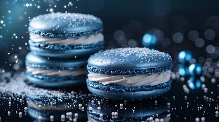 Wall Mural - A stack of winter wonderland macarons on a reflective black surface, with vivid cool colors of icy blue, silver, and snowy white. Dramatic,