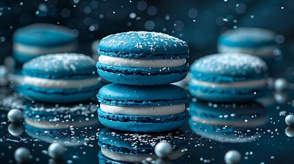 Wall Mural - A stack of winter wonderland macarons on a reflective black surface, with vivid cool colors of icy blue, silver, and snowy white. Dramatic,