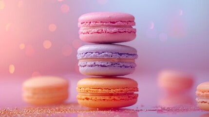Wall Mural - A sunset glow macaron pyramid, with each macaron layer representing a different warm hue of orange, pink, and purple. The background is a soft pastel gradient,