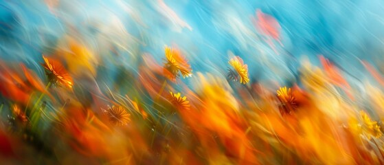 Poster - Beautiful abstract image of orange and yellow flowers in motion against a blue background. AI.