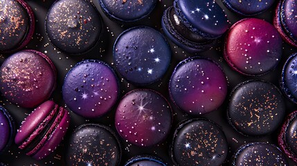 Wall Mural - A top-down view of galaxy macarons arranged in a spiral pattern, featuring navy, purple, and black hues with silver specks.