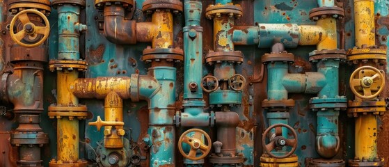 Poster - Close-up of a colorful and intricate arrangement of industrial pipes. AI.