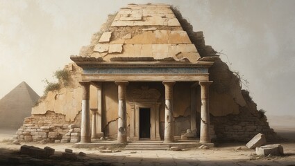 Poster - Ruined temple with columns and a doorway, a pyramid in the distance