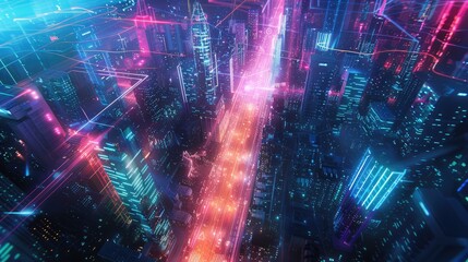 Wall Mural - breathtaking digital art 3D illustration of a futuristic cyberpunk cityscape, with glowing cable webs symbolizing the rapid flow of digital data through high-speed internet connection