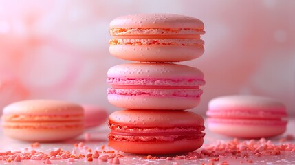Wall Mural - A tropical sunset macaron pyramid, with each macaron layer representing a different gradient of coral, pink, and orange. The background is a soft pastel gradient,