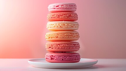 Wall Mural - A tropical sunset macaron pyramid, with each macaron layer representing a different gradient of coral, pink, and orange. The background is a soft pastel gradient,