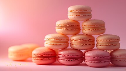 Wall Mural - A tropical sunset macaron pyramid, with each macaron layer representing a different gradient of coral, pink, and orange. The background is a soft pastel gradient,