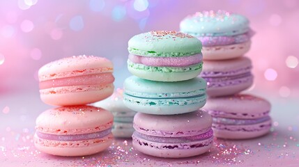 Wall Mural - A unicorn magic macaron pyramid, with each macaron layer representing a different sparkling pastel color of baby pink, lavender, mint green, and sky blue, adorned with edible glitter.