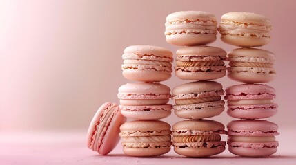 Wall Mural - A vintage charm macaron pyramid, with each macaron layer representing a different muted tone of dusty rose, antique gold, and sage. The background is a soft pastel gradient,