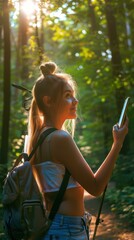 Sticker - Young woman hiking in the forest and checking her phone. AI.